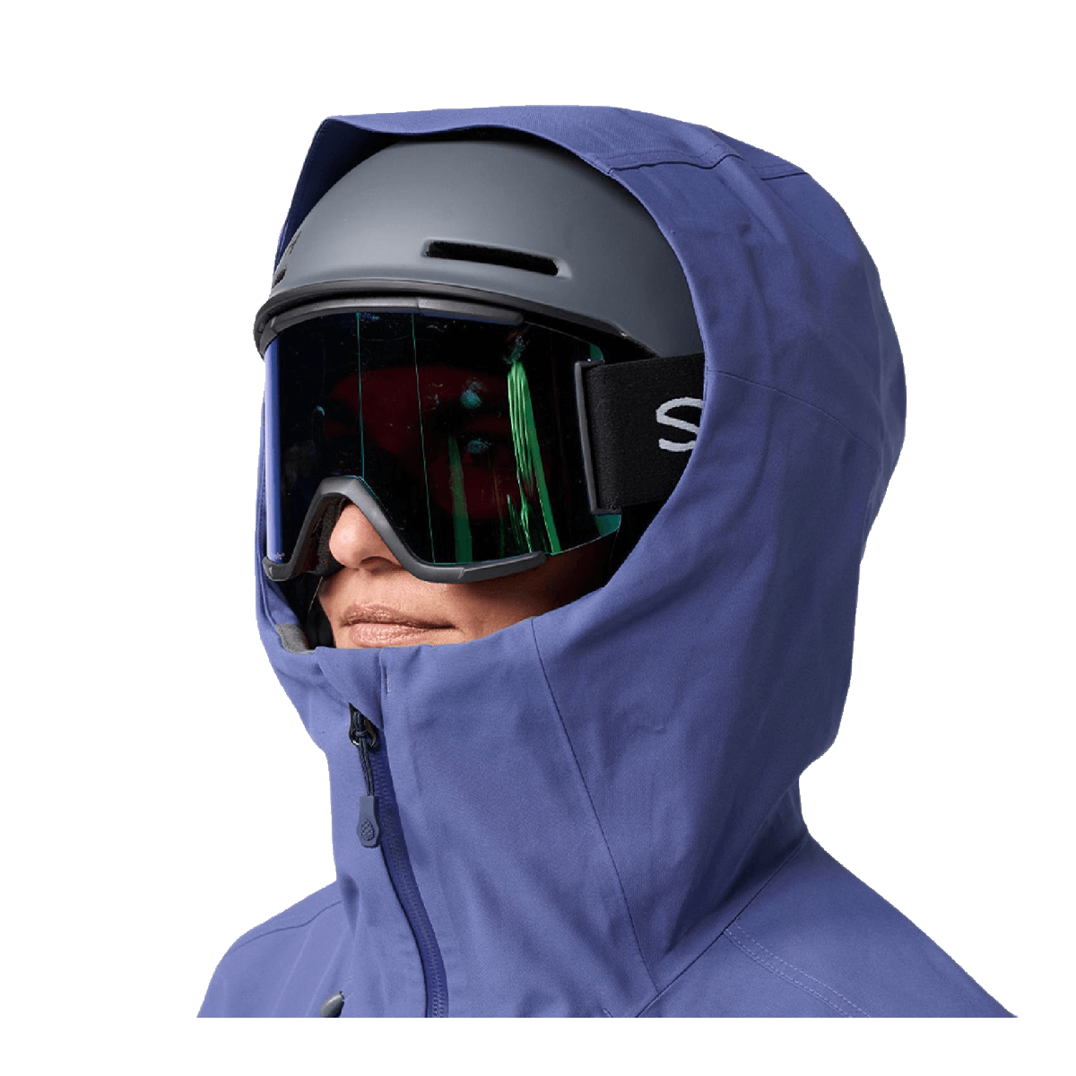 STIO WOMEN'S SKYRIDER JACKET - NIGHTFALL_MOUNTAIN SHADOW - ON MODEL HOOD