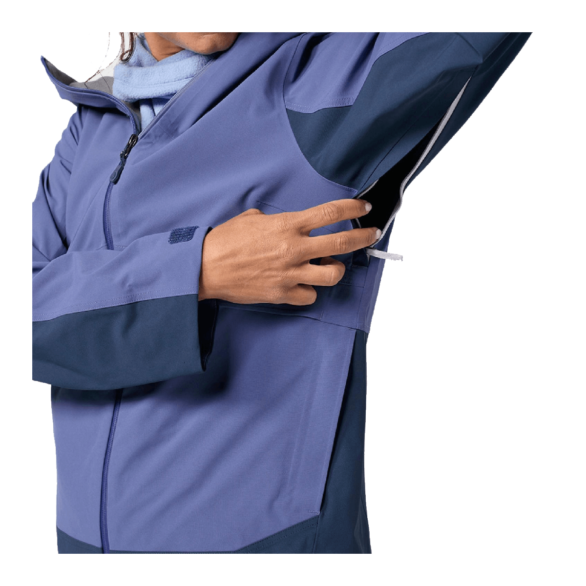 STIO WOMEN'S SKYRIDER JACKET - NIGHTFALL_MOUNTAIN SHADOW - ON MODEL PIT VENTS