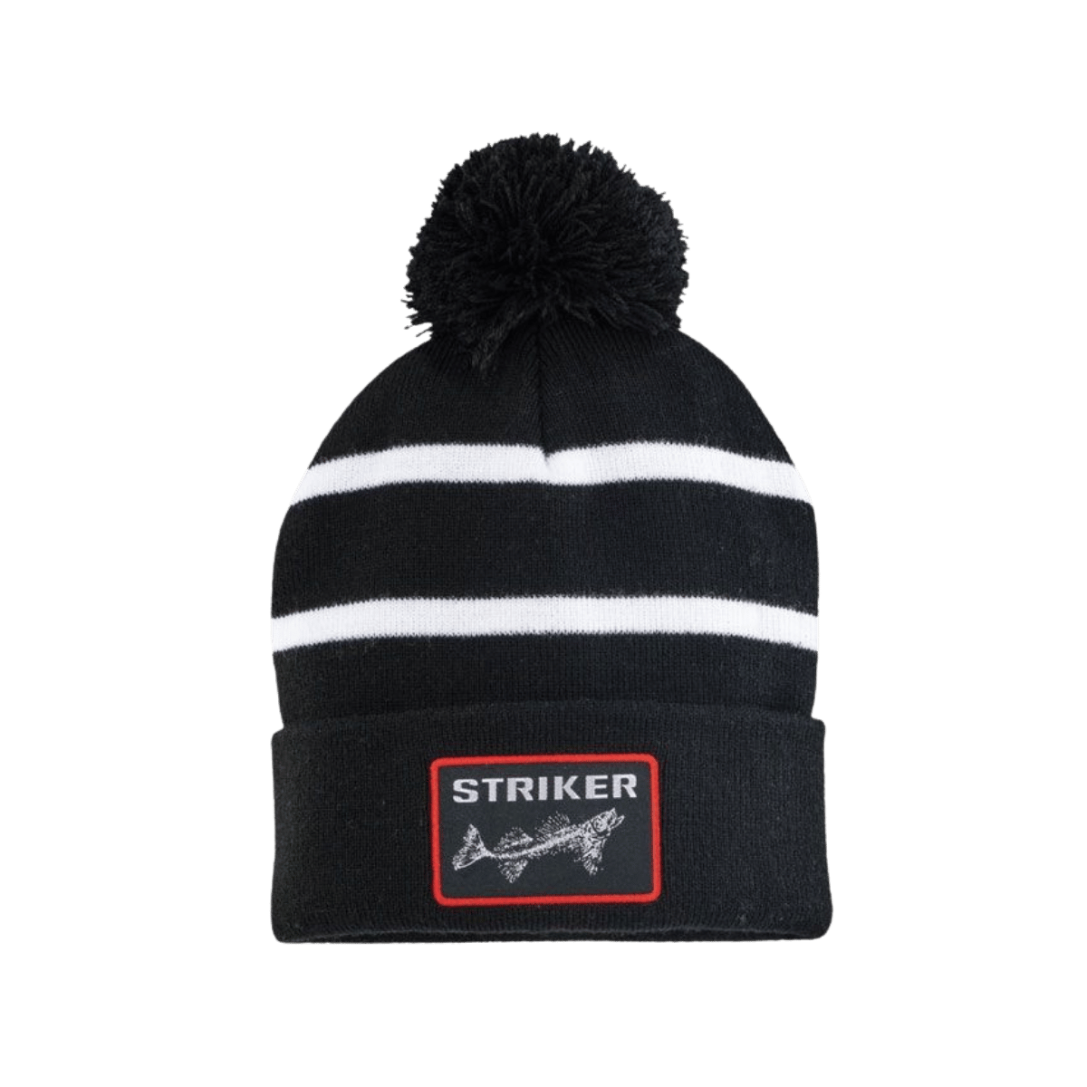 STRIKER BRANDS SI STRIPED POM HAT, BLACK AND WHITE, FRONT ANGLE, LOGO