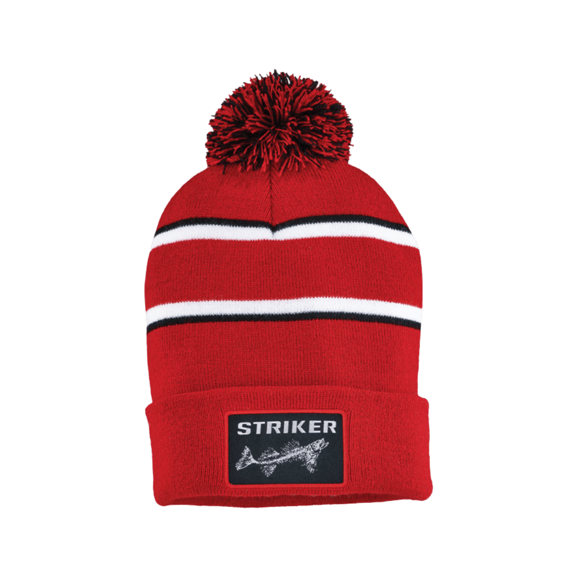 STRIKER BRANDS SI STRIPED POM HAT, RED AND WHITE, FRONT ANGLE, LOGO