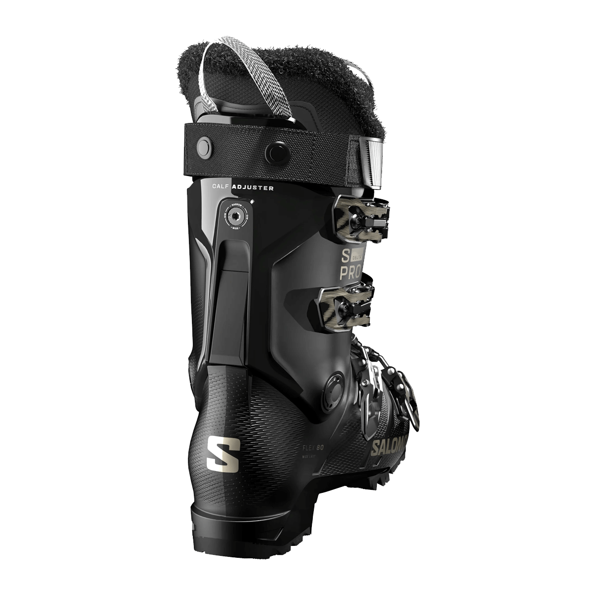 SALOMON WOMEN'S S/PRO DELTA 80 GW SKI BOOTS 2025/2026 - BLACK/BLACK/BRONZE - REAR VIEW