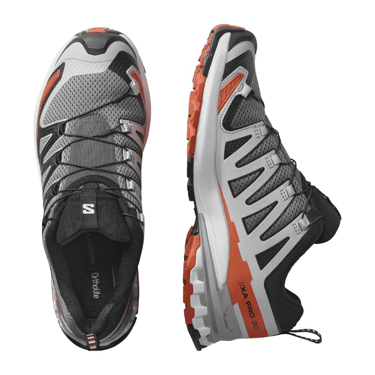 SALOMON XA PRO 3D V9 TRAIL SHOE - CASTLE ROCK/BLACK/BURNT OCHRE - FRONT & SIDE VIEW