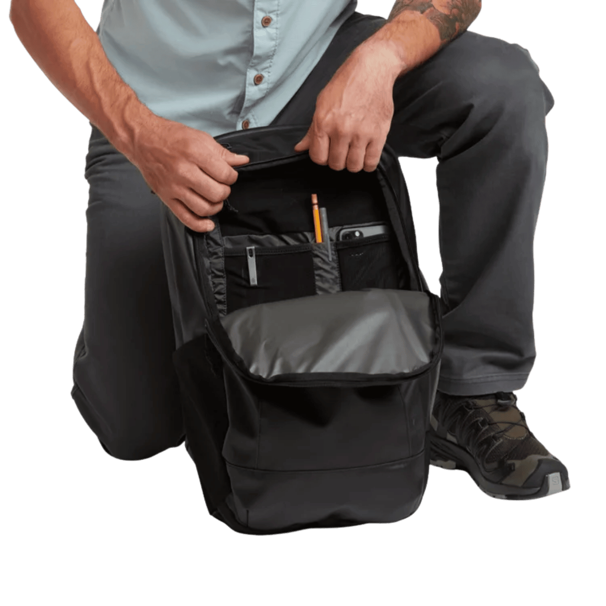 SITKA DRIFTER TRAVEL PACK - SITKA BLACK_1 - INSIDE VIEW (ON MODEL)