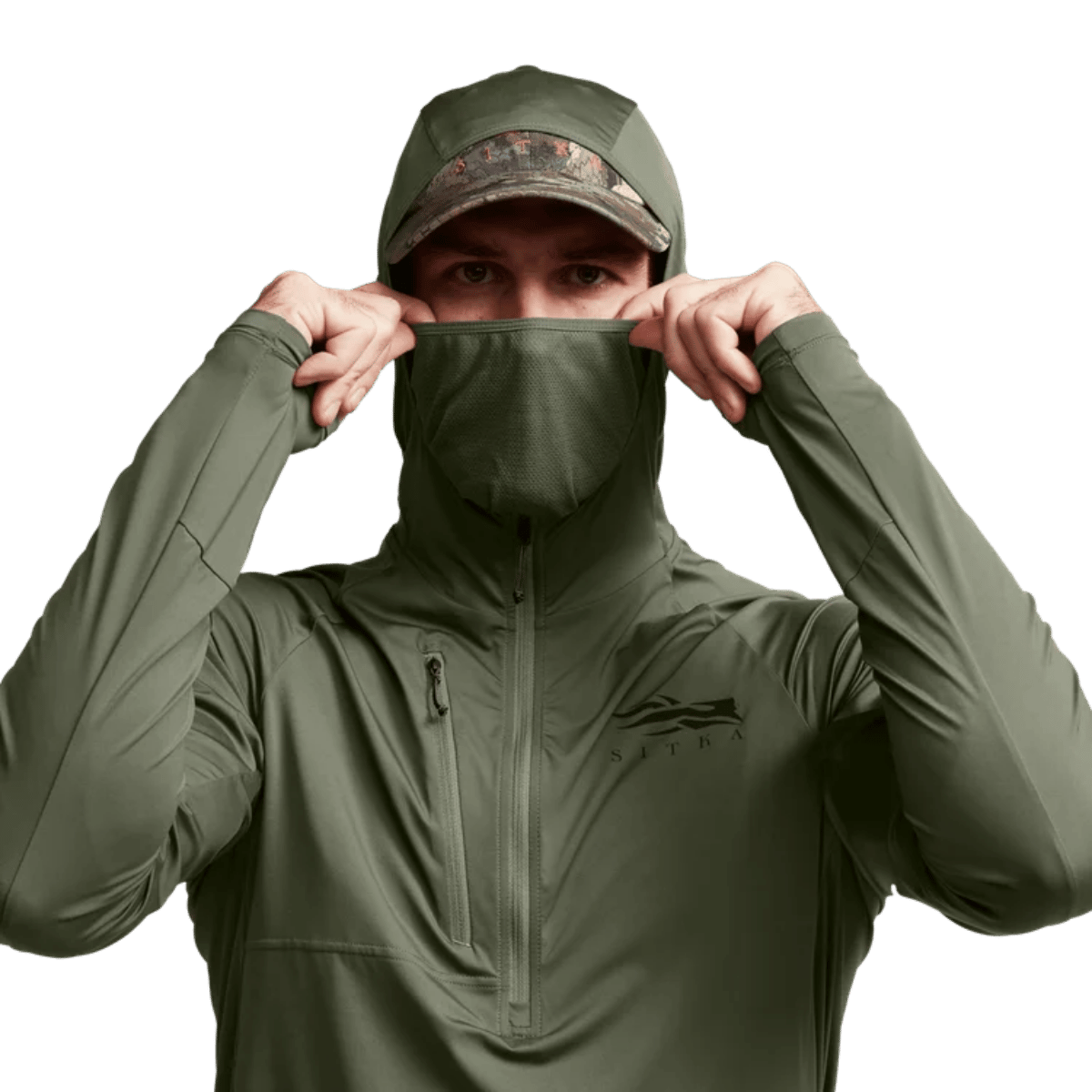 SITKA EQUINOX GUARD HOODY - OLIVE GREEN_2 - CLOSE UP VIEW (ON MODEL)