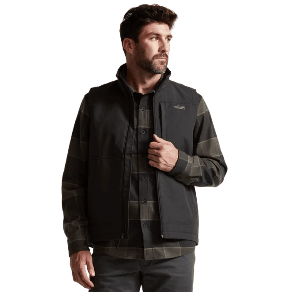 SITKA GRINDSTONE WORK VEST - OBSIDIAN BLACK_1 - FRONT VIEW OPEN VEST (ON MODEL)