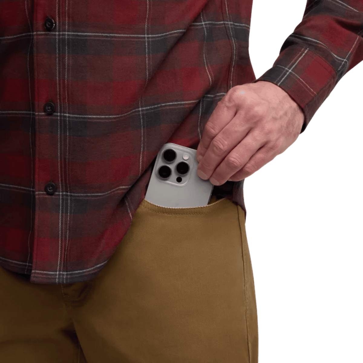 SITKA THREE SEASON PANT - COYOTE_2 - FRONT POCKET VIEW WITH SAMPLE (ON MODEL)