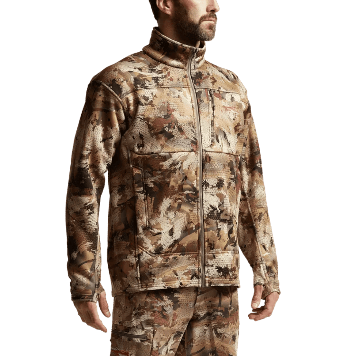 SITKA TRAVERSE JACKET - WATERFOWL MARSH - SIDE FRONT VIEW (ON MODEL)