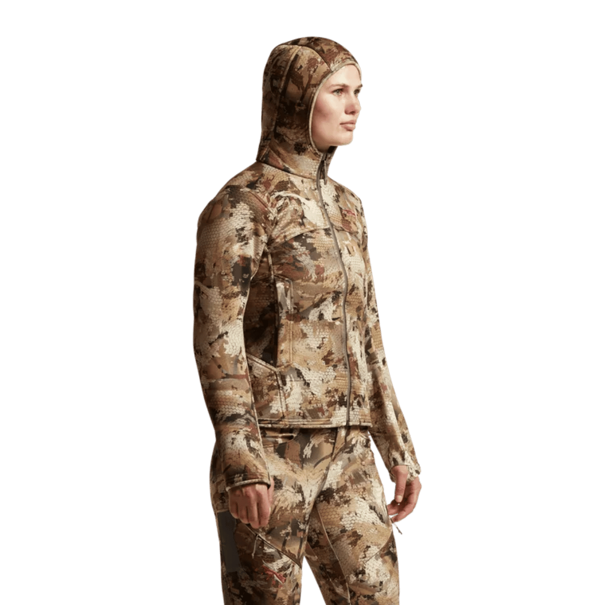 SITKA WOMEN'S TRAVERSE HOODIE - WATERFOWL MARSH_1 - SIDE FRONT VIEW (ON MODEL)