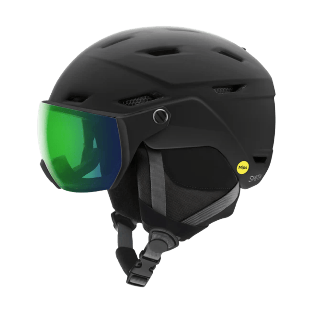 SMITH SURVEY MIPS HELMET - MATTE BLACK/CHROMAPOP EVERYDAY GREEN MIRROR - SIDE VIEW