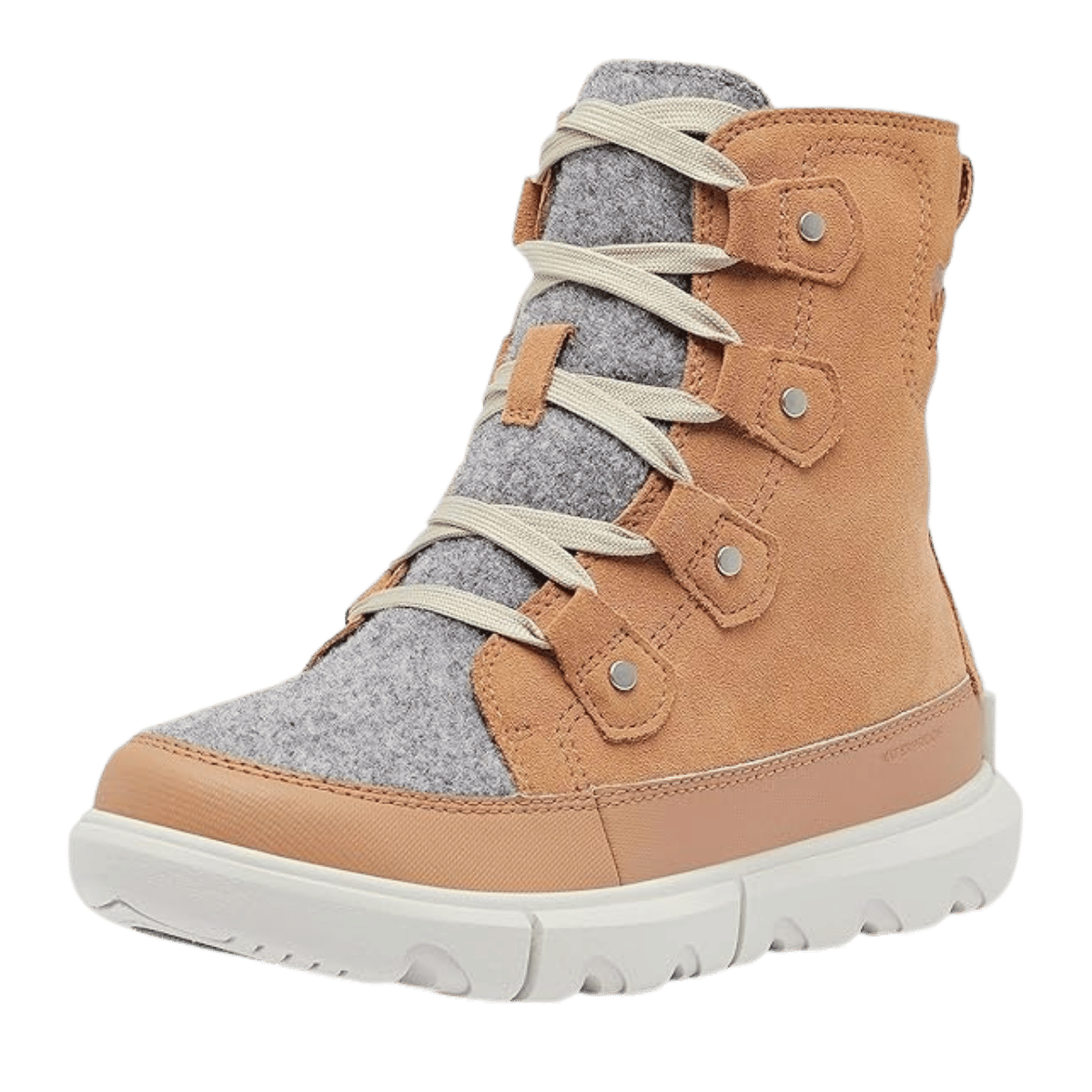 SOREL WOMEN'S EXPLORER NEXT JOAN WATERPROOF BOOTS - TAWNY BUFF/ MOONSTONE - FRONT ANGLED VIEW