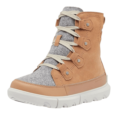 SOREL WOMEN'S EXPLORER NEXT JOAN WATERPROOF BOOTS - TAWNY BUFF/ MOONSTONE - FRONT ANGLED VIEW