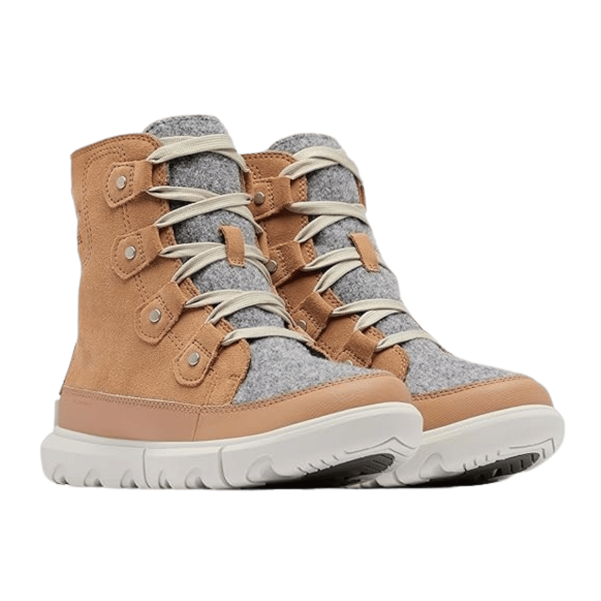 SOREL WOMEN'S EXPLORER NEXT JOAN WATERPROOF BOOTS - TAWNY BUFF/ MOONSTONE - ANGLE VIEW DISPLAYING PAIR