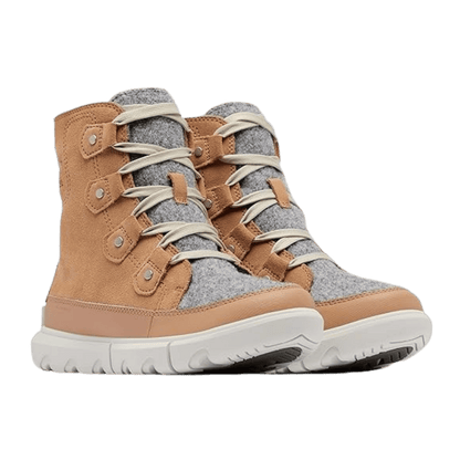 SOREL WOMEN'S EXPLORER NEXT JOAN WATERPROOF BOOTS - TAWNY BUFF/ MOONSTONE - ANGLE VIEW DISPLAYING PAIR