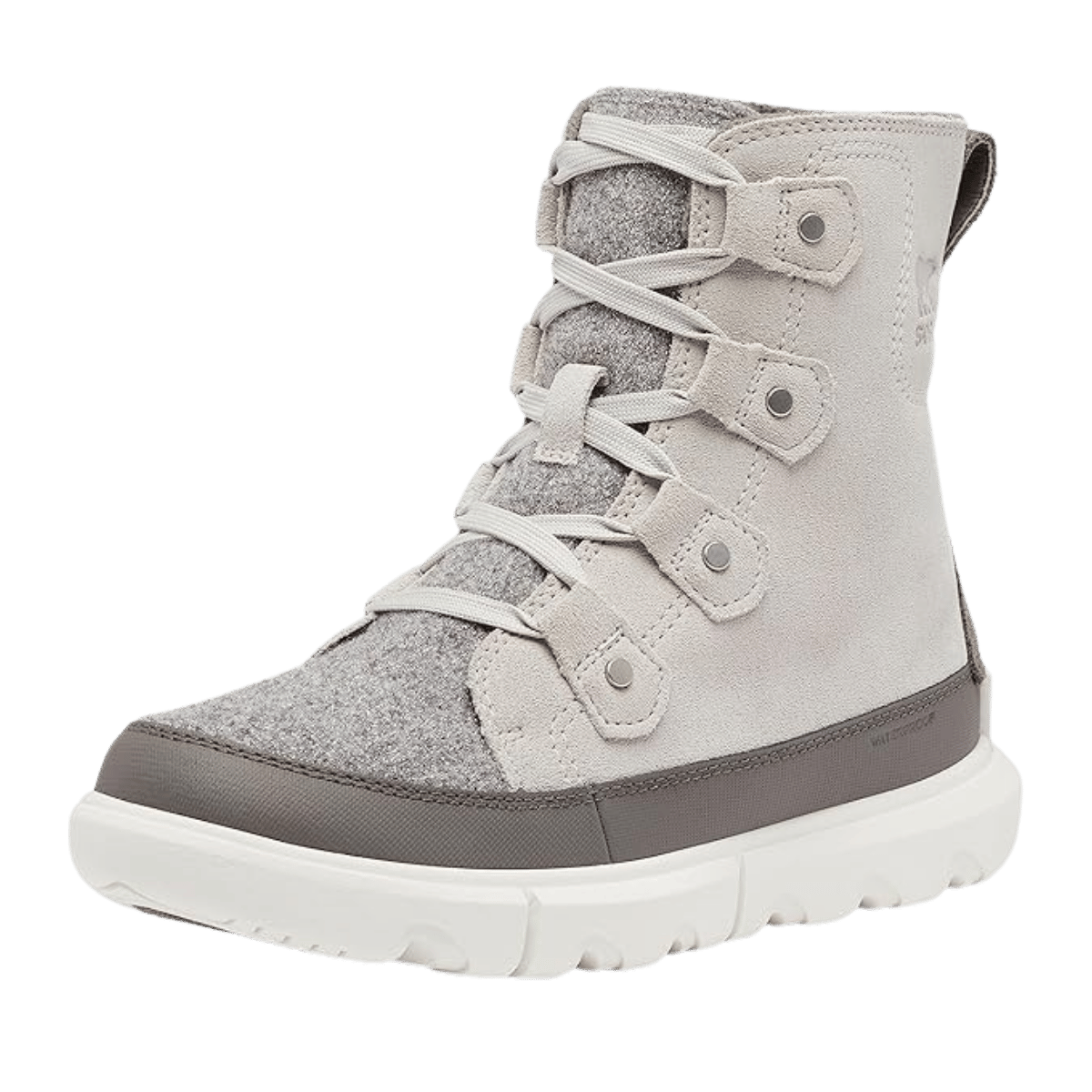 SOREL WOMEN'S EXPLORER NEXT JOAN WATERPROOF BOOTS - MOONSTONE/ SEA SALT - FRONT ANGLED VIEW