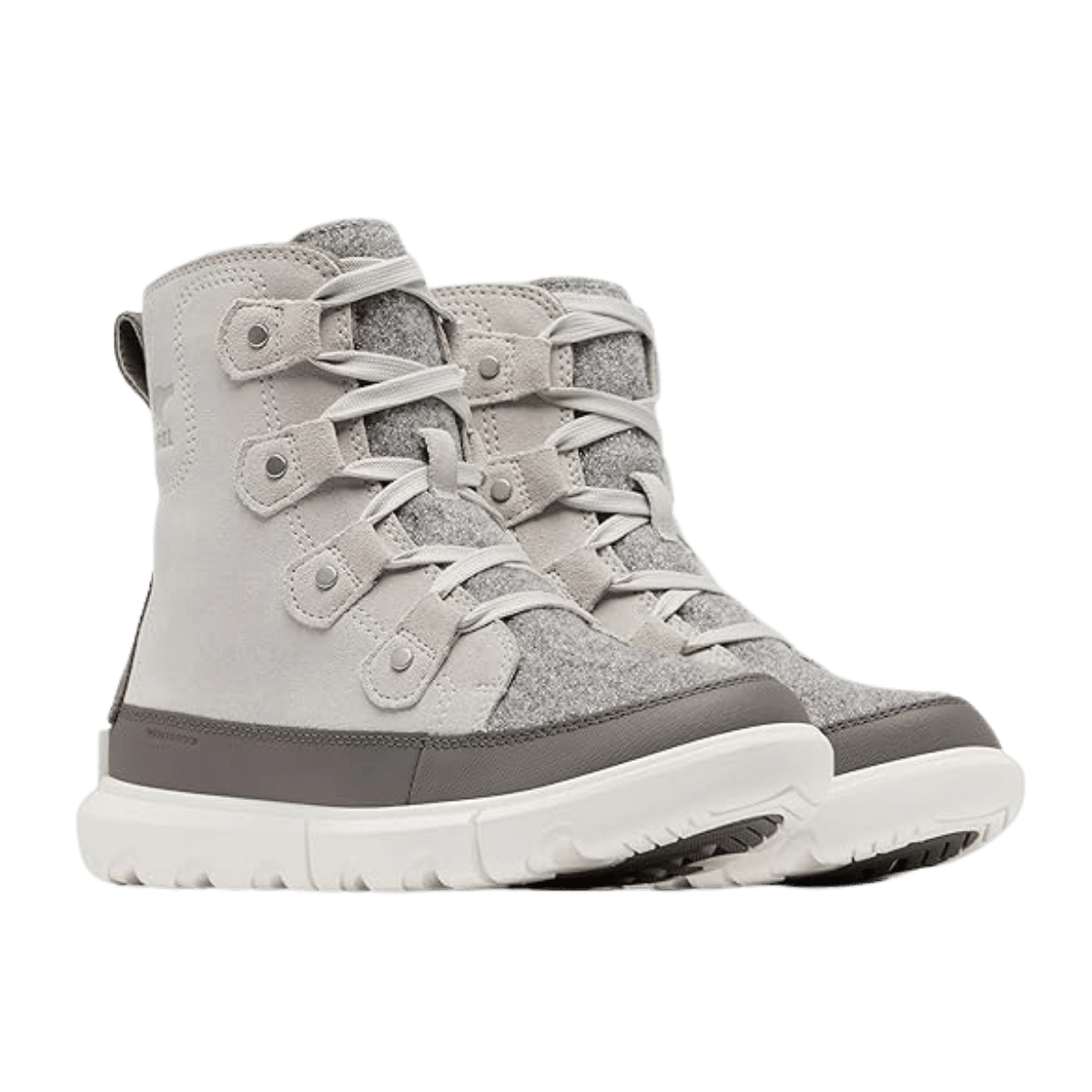 SOREL WOMEN'S EXPLORER NEXT JOAN WATERPROOF BOOTS - MOONSTONE/ SEA SALT - ANGLE VIEW DISPLAYING PAIR