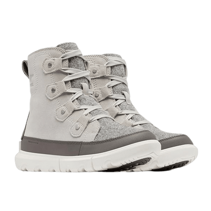 SOREL WOMEN'S EXPLORER NEXT JOAN WATERPROOF BOOTS - MOONSTONE/ SEA SALT - ANGLE VIEW DISPLAYING PAIR