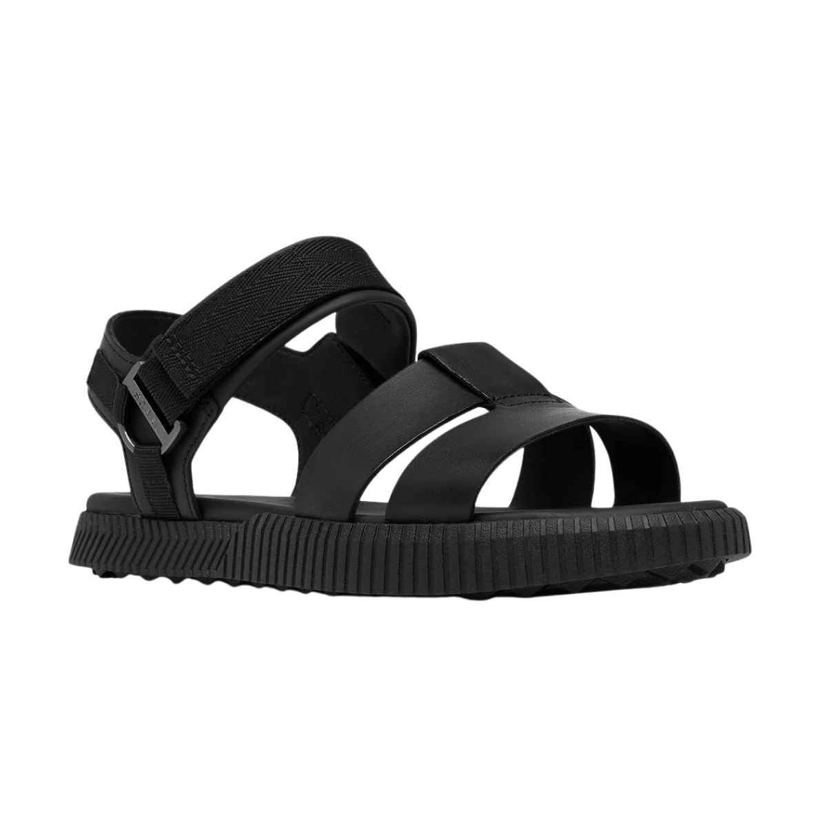 SOREL WOMEN'S ONA AVE ANKLE STRAP FLAT SANDAL - BLACK - FRONT ANGLED VIEW