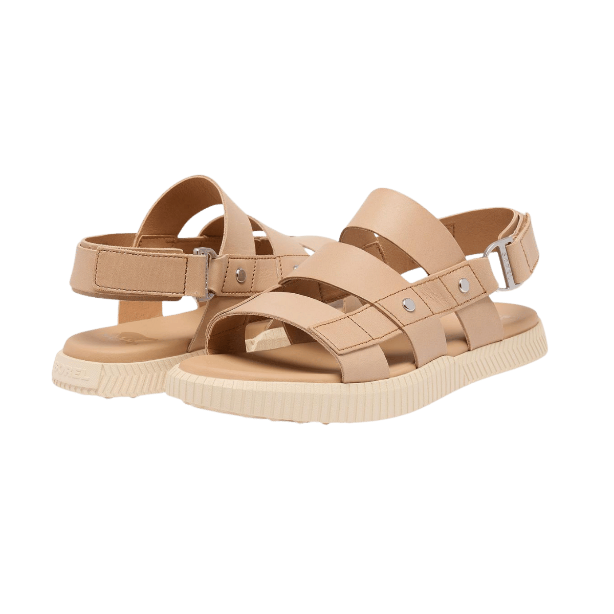 SOREL WOMEN'S ONA AVE SLING BACK FLAT SANDAL - HONEST BEIGE - FRONT & BACK VIEW