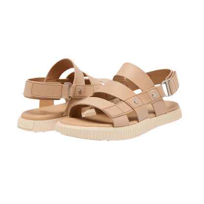 SOREL WOMEN'S ONA AVE SLING BACK FLAT SANDAL - HONEST BEIGE - FRONT & BACK VIEW