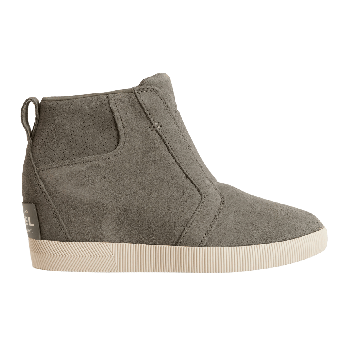 SOREL WOMEN'S OUT N ABOUT PULL ON WEDGE BOOTS - QUARRY - LEFT SIDE VIEW