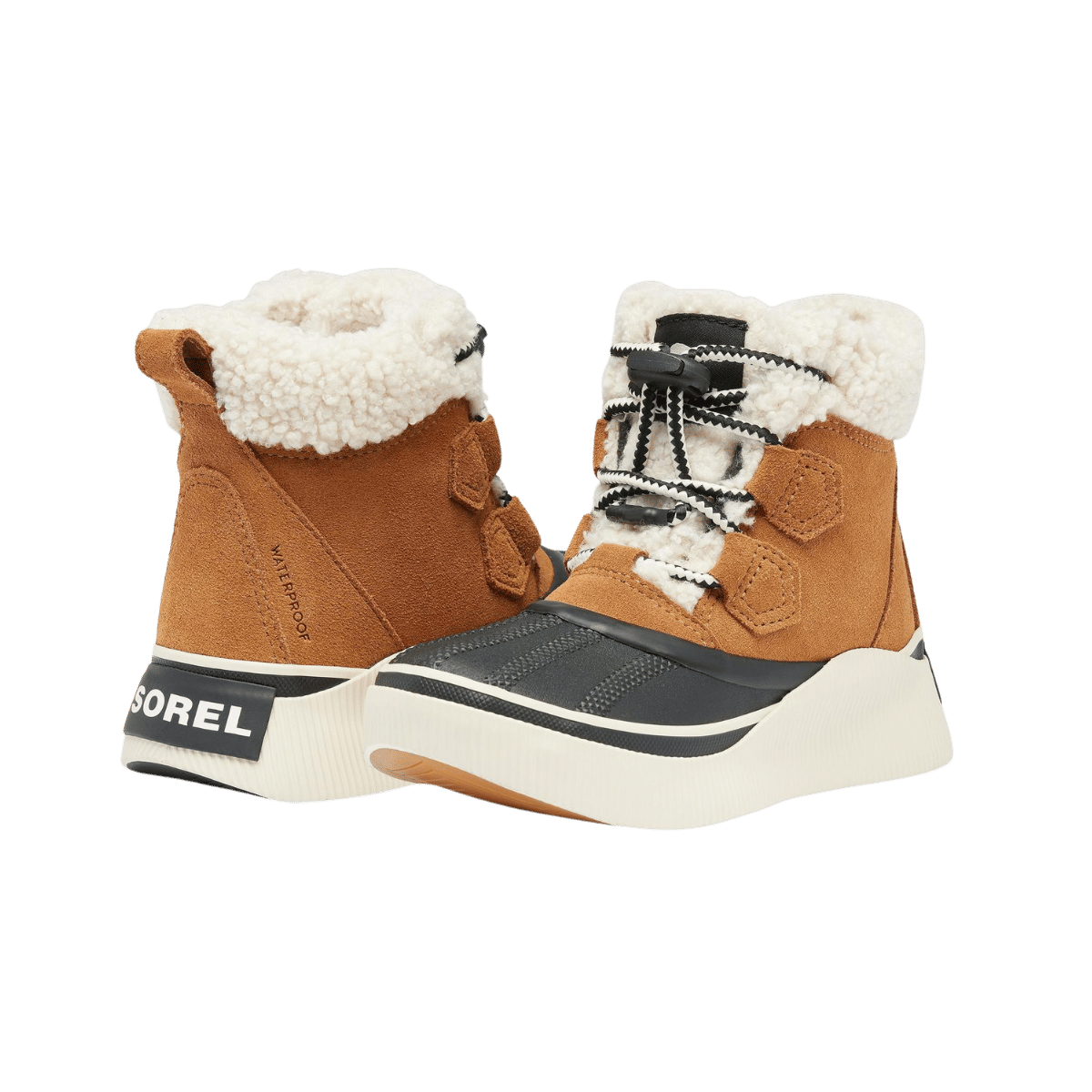 SOREL YOUTH OUT N ABOUT IV CHILLZ WATERPROOF BOOTS - TAFFY BLACK - FRONT AND BACK DETAIL VIEW