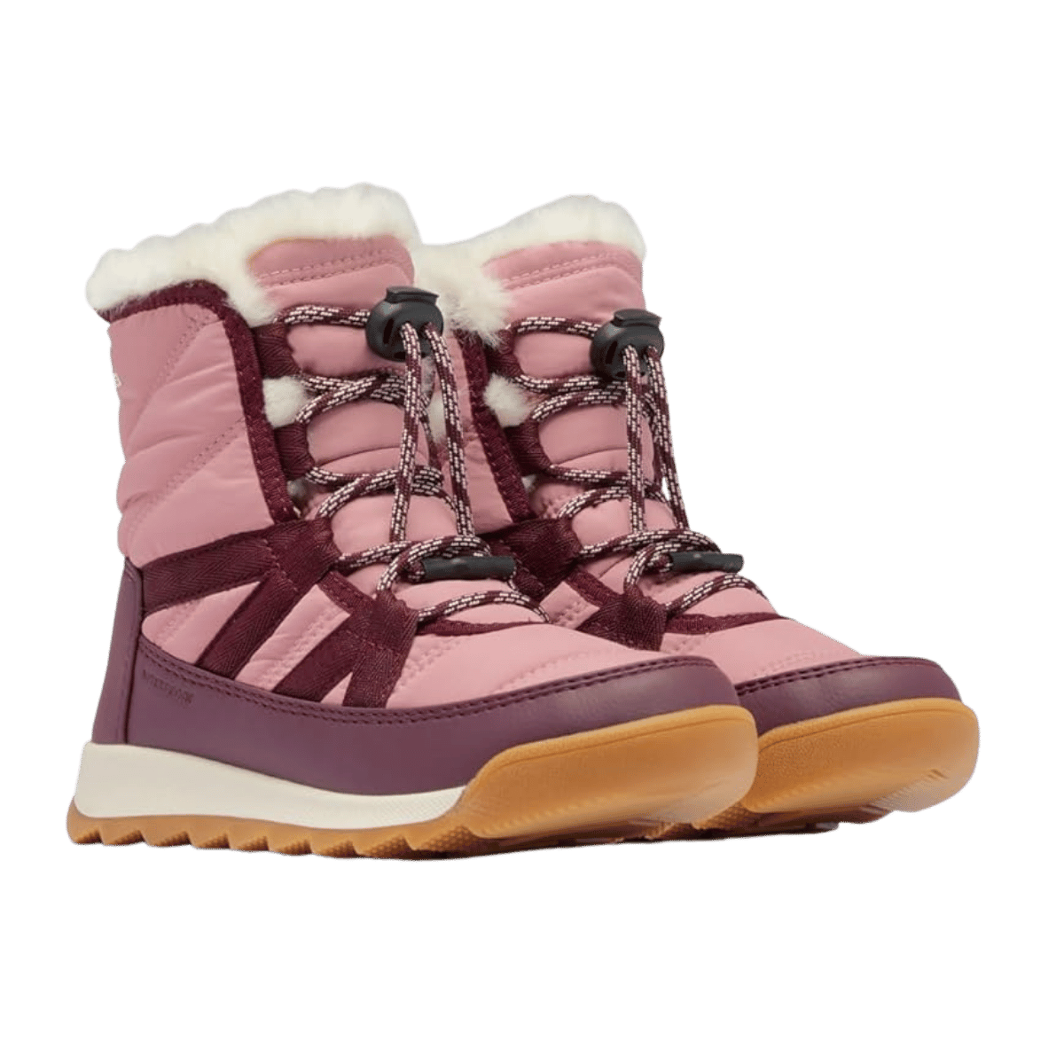SOREL YOUTH WHITNEY II PLUS LACE WATERPROOF SNOW BOOTS - DAZED MAUVE - FRONT ANGLED PAIR VIEW