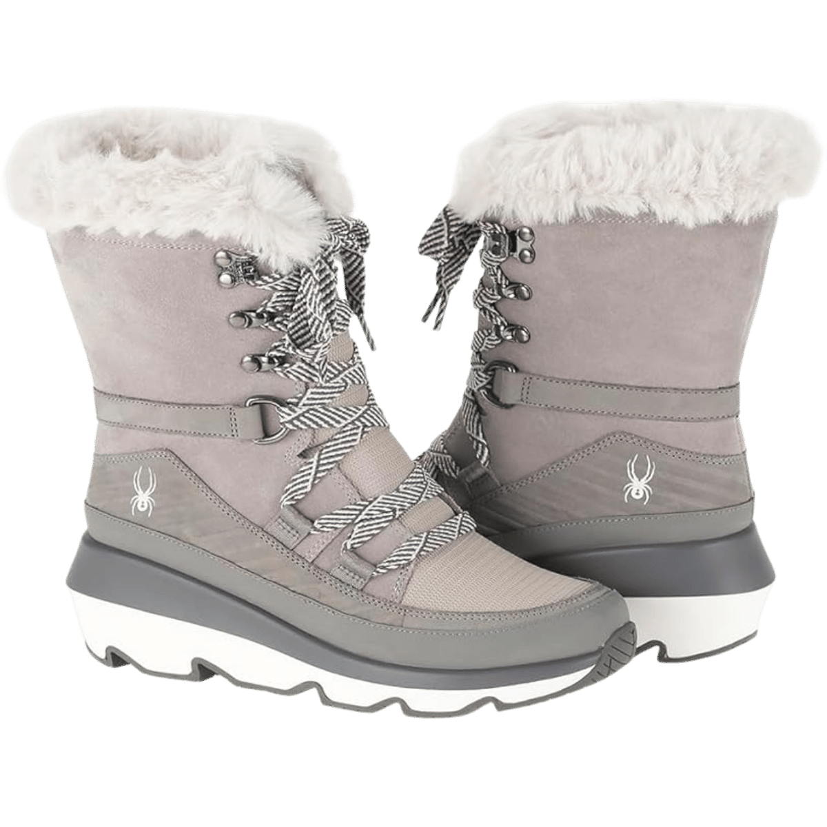 SPYDER WOMEN'S CONIFER WINTER BOOTS - DOVE GREY - FRONT AND SIDE ANGLED PAIR VIEW