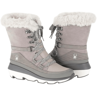 SPYDER WOMEN'S CONIFER WINTER BOOTS - DOVE GREY - FRONT AND SIDE ANGLED PAIR VIEW
