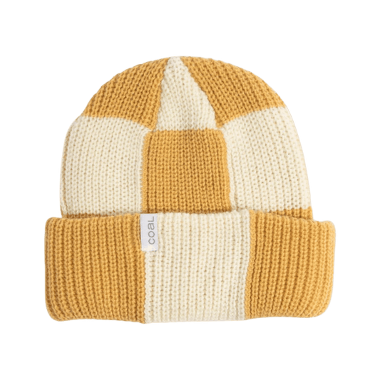 THE FRENA BAGGY BEANIE KHAKI CHECK, FRONT ANGLE, LOGO