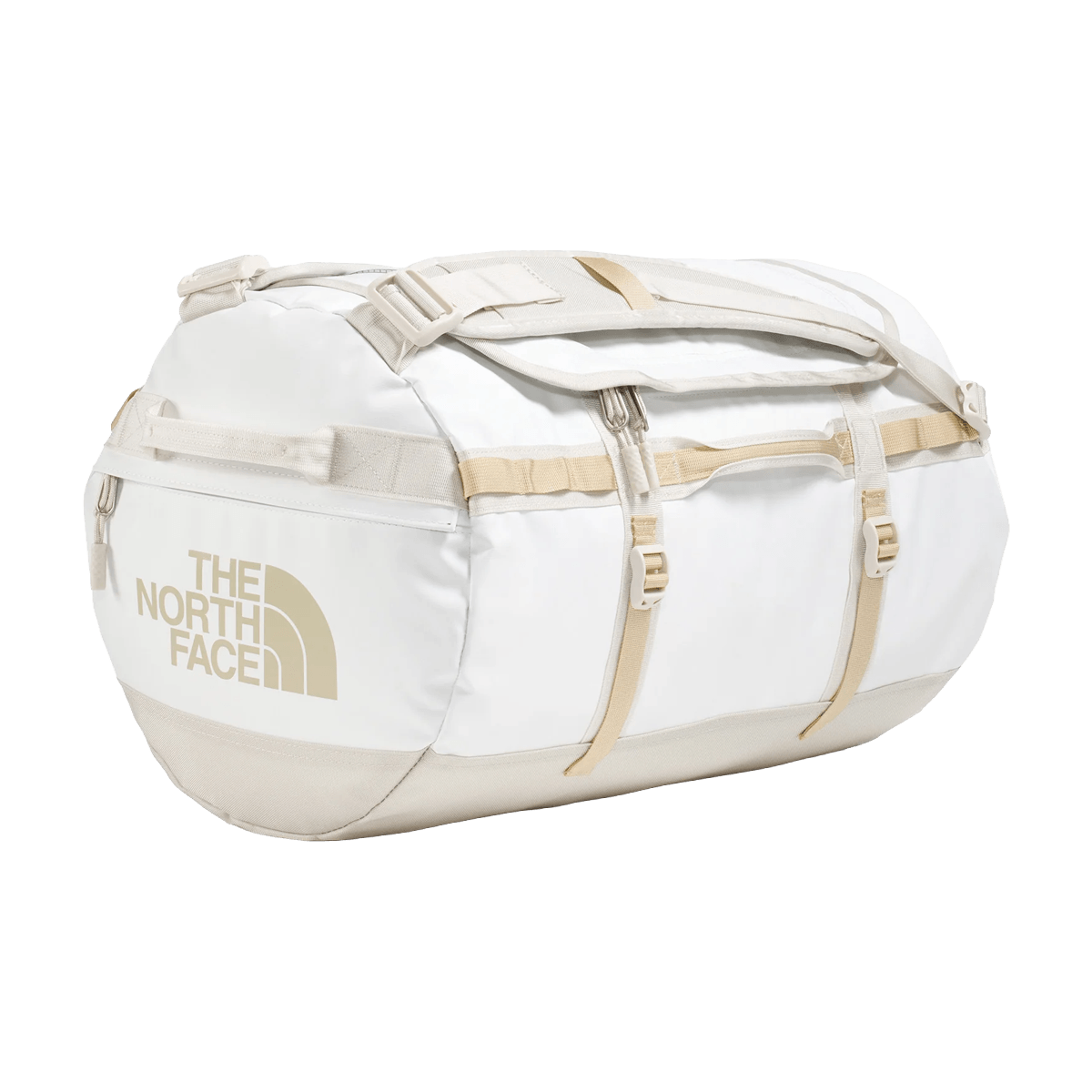 THE NORTHFACE BASE CAMP DUFFEL SM 50L - WHITE ASH CALACATTA PALE KHAKI - FRONT ANGLE VIEW
