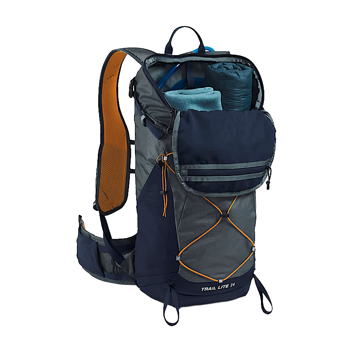 THE NORTHFACE TRAIL LITE BACKPACK 24L - GRANITE GREY SUMMIT NAVY DUST ORANGE - OPEN PACK VIEW