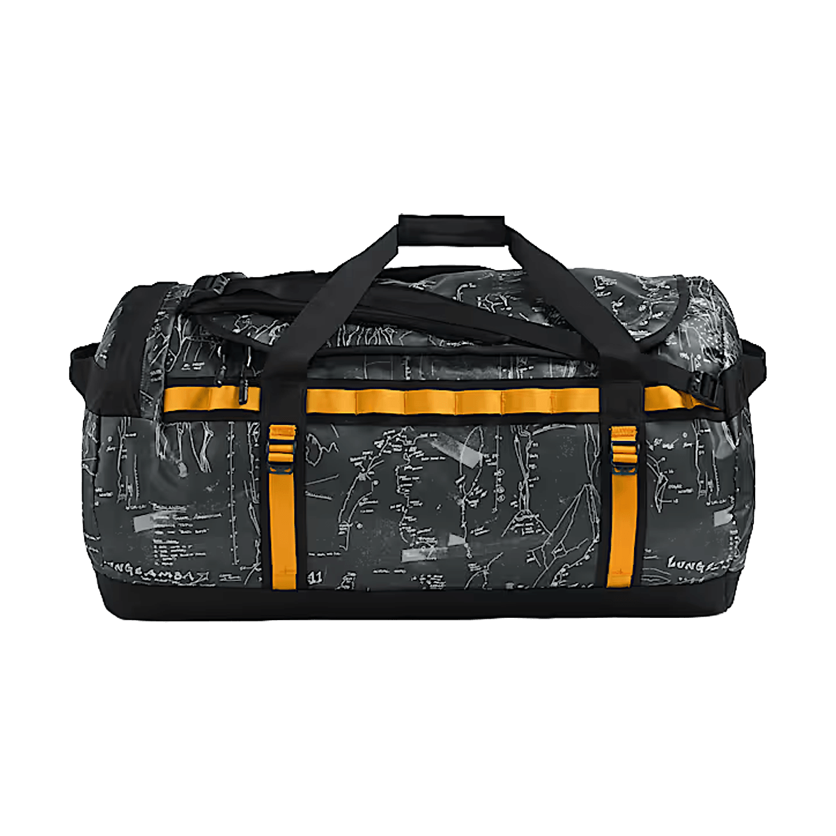 THE NORTH FACE BASE CAMP DUFFEL L 95L - ANTHRACITE GREY CONRAD TOPOS PRINT SUMMIT GOLD - FRONT VIEW
