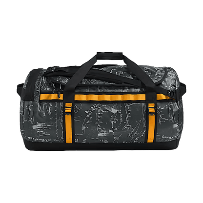 THE NORTH FACE BASE CAMP DUFFEL L 95L - ANTHRACITE GREY CONRAD TOPOS PRINT SUMMIT GOLD - FRONT VIEW