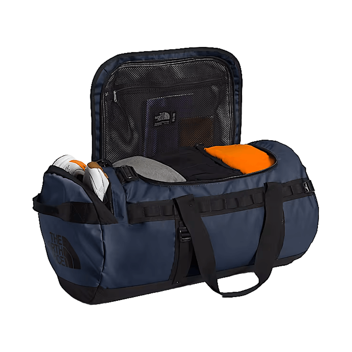 THE NORTH FACE BASE CAMP DUFFEL M 71L - ANTHRACITE GREY CONRAD TOPOS PRINT SUMMIT GOLD - FRONT ANGLE OPEN FILLED VIEW