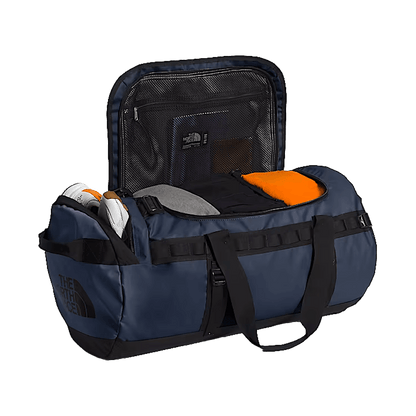 THE NORTH FACE BASE CAMP DUFFEL M 71L - ANTHRACITE GREY CONRAD TOPOS PRINT SUMMIT GOLD - FRONT ANGLE OPEN FILLED VIEW
