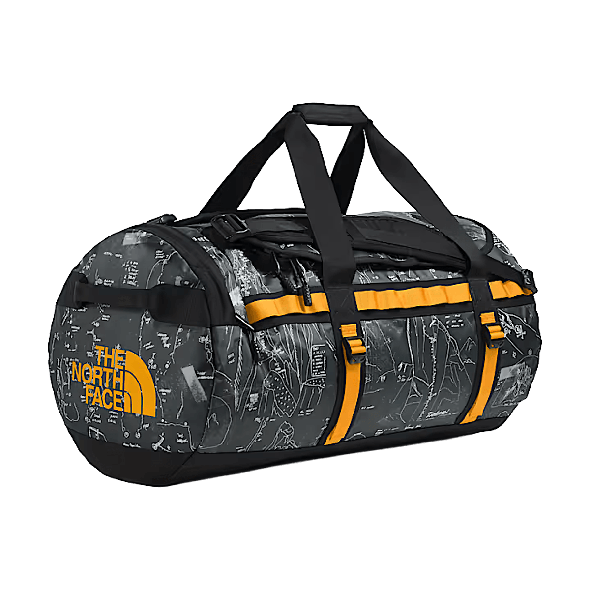 THE NORTH FACE BASE CAMP DUFFEL M 71L - ANTHRACITE GREY CONRAD TOPOS PRINT SUMMIT GOLD - FRONT ANGLE VIEW