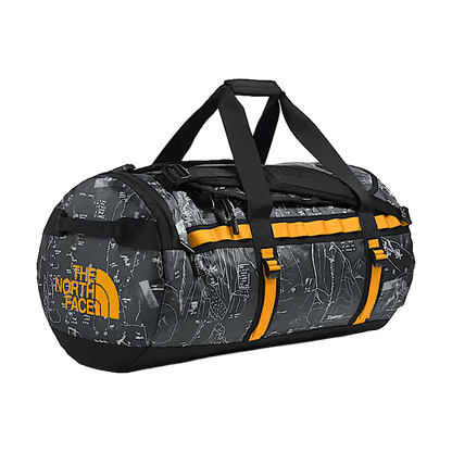 THE NORTH FACE BASE CAMP DUFFEL M 71L - ANTHRACITE GREY CONRAD TOPOS PRINT SUMMIT GOLD - FRONT ANGLE VIEW
