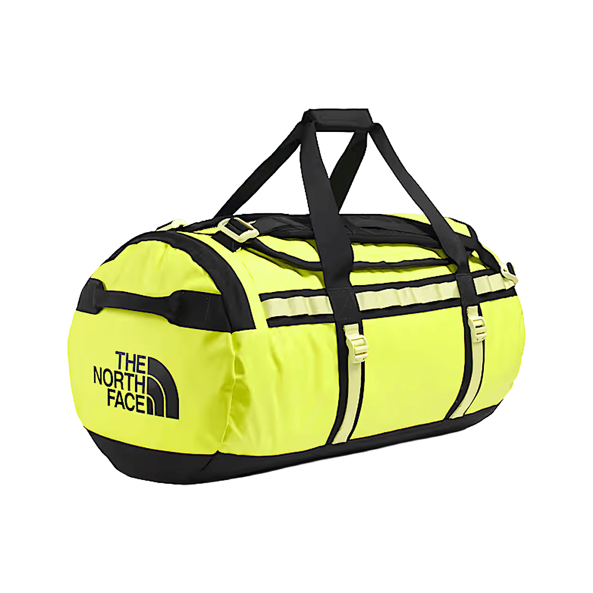 THE NORTH FACE BASE CAMP DUFFEL M 71L - FIZZ LIME LEMON MIST TNF BLACK - FRONT ANGLE VIEW