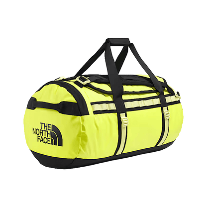 THE NORTH FACE BASE CAMP DUFFEL M 71L - FIZZ LIME LEMON MIST TNF BLACK - FRONT ANGLE VIEW