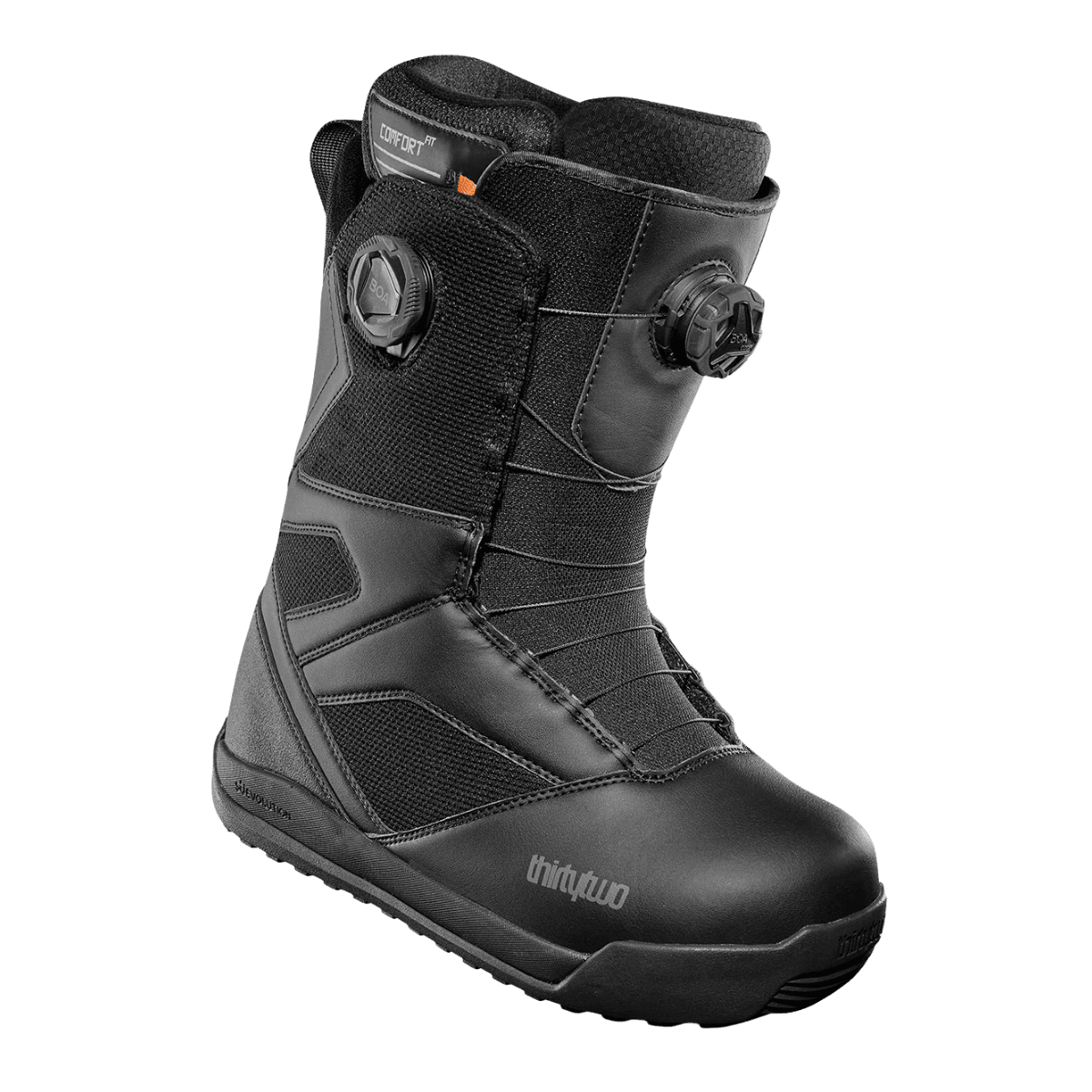 THIRTYTWO STW DOUBLE BOA SNOWBOARD BOOTS – BLACK_SIDE FRONT ANGLE