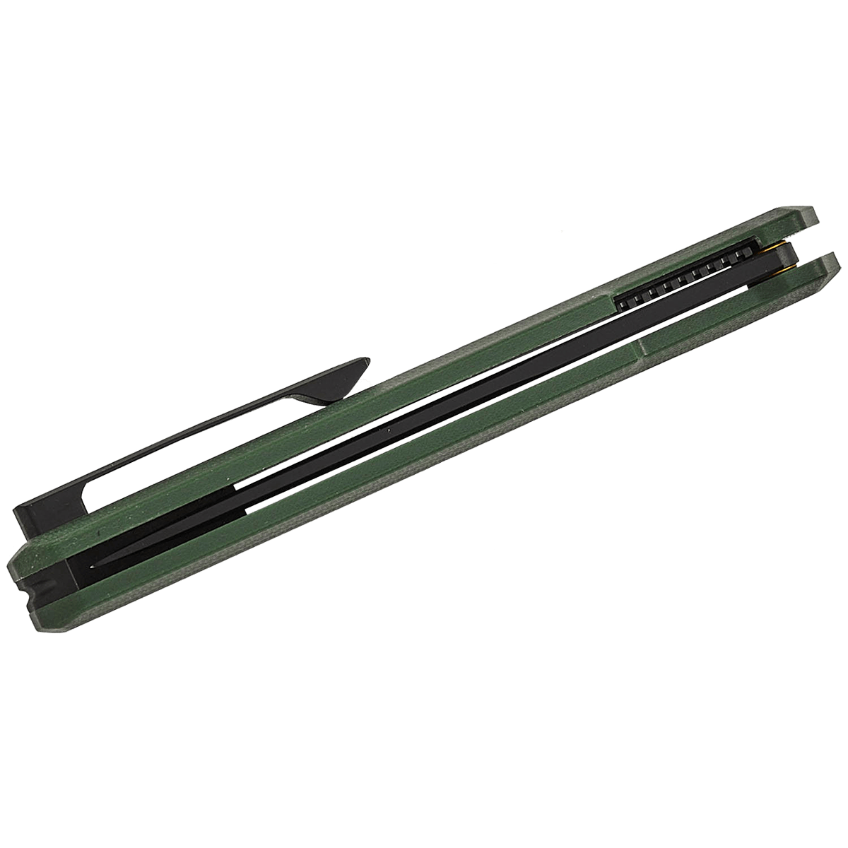 TEKTO F2 BRAVO FOLDING KNIFE FLIPPER - GREEN G10 showing the short side of the closed knife