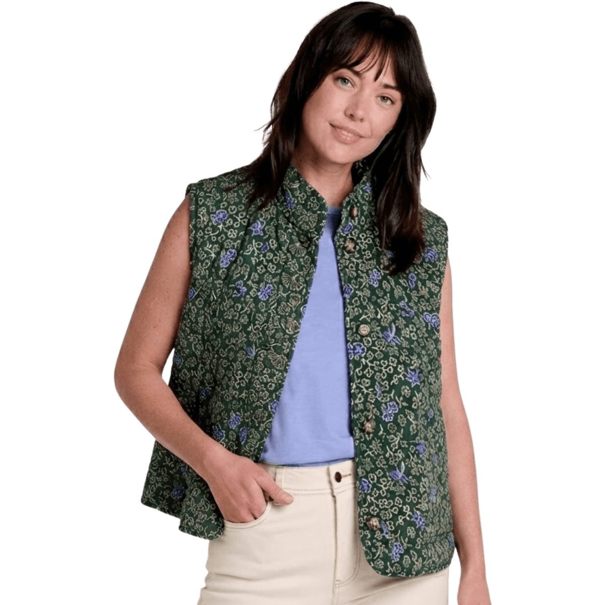 TOAD AND CO W MANZANA QUILTED VEST GREEN MOSS PATTERN