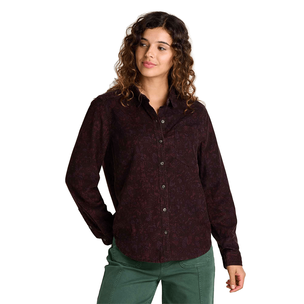 TOAD AND CO WOMEN'S CATTAIL CORD LONG SLEEVE SHIRT- CAROB FLORAL FRONT