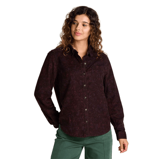 TOAD AND CO WOMEN'S CATTAIL CORD LONG SLEEVE SHIRT- CAROB FLORAL FRONT