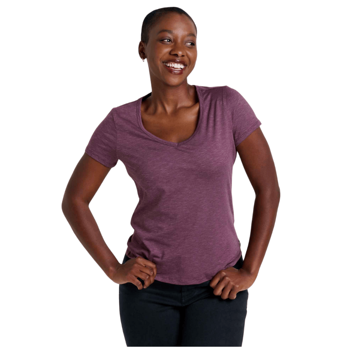 TOAD & CO WOMEN'S MARLEY II SHORTSLEEE TEE - HUCKLEBERRY_FRONT ANGLE WW