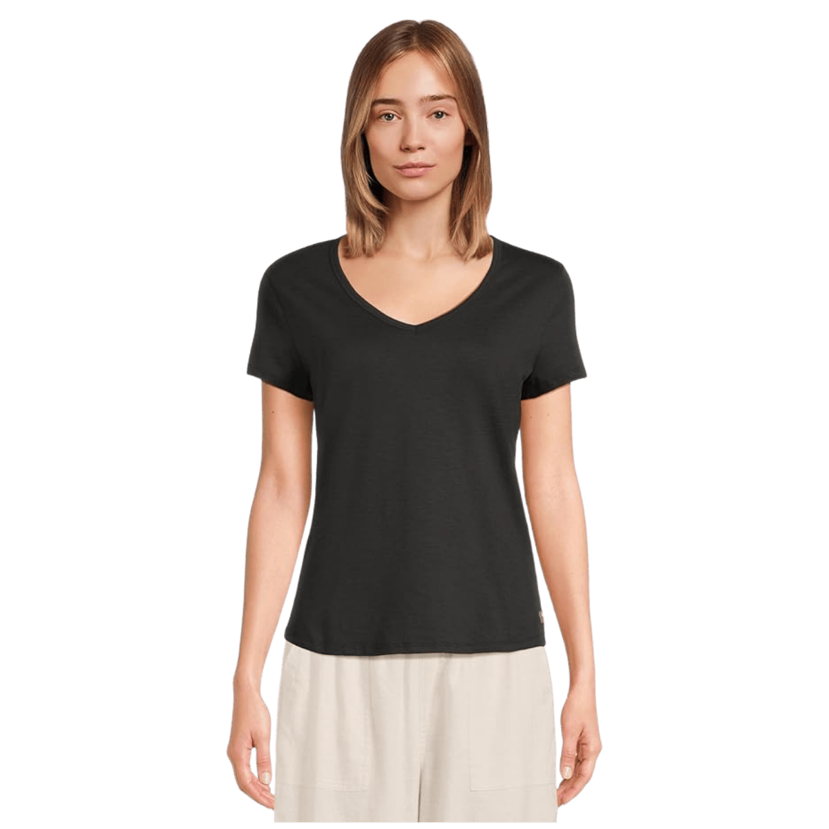 TOAD & CO WOMEN'S MARLEY SHORTSLEEVE V TEE – TRUE BLACK_FRONT ANGLE WW