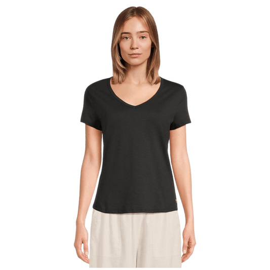 TOAD & CO WOMEN'S MARLEY SHORTSLEEVE V TEE – TRUE BLACK_FRONT ANGLE WW