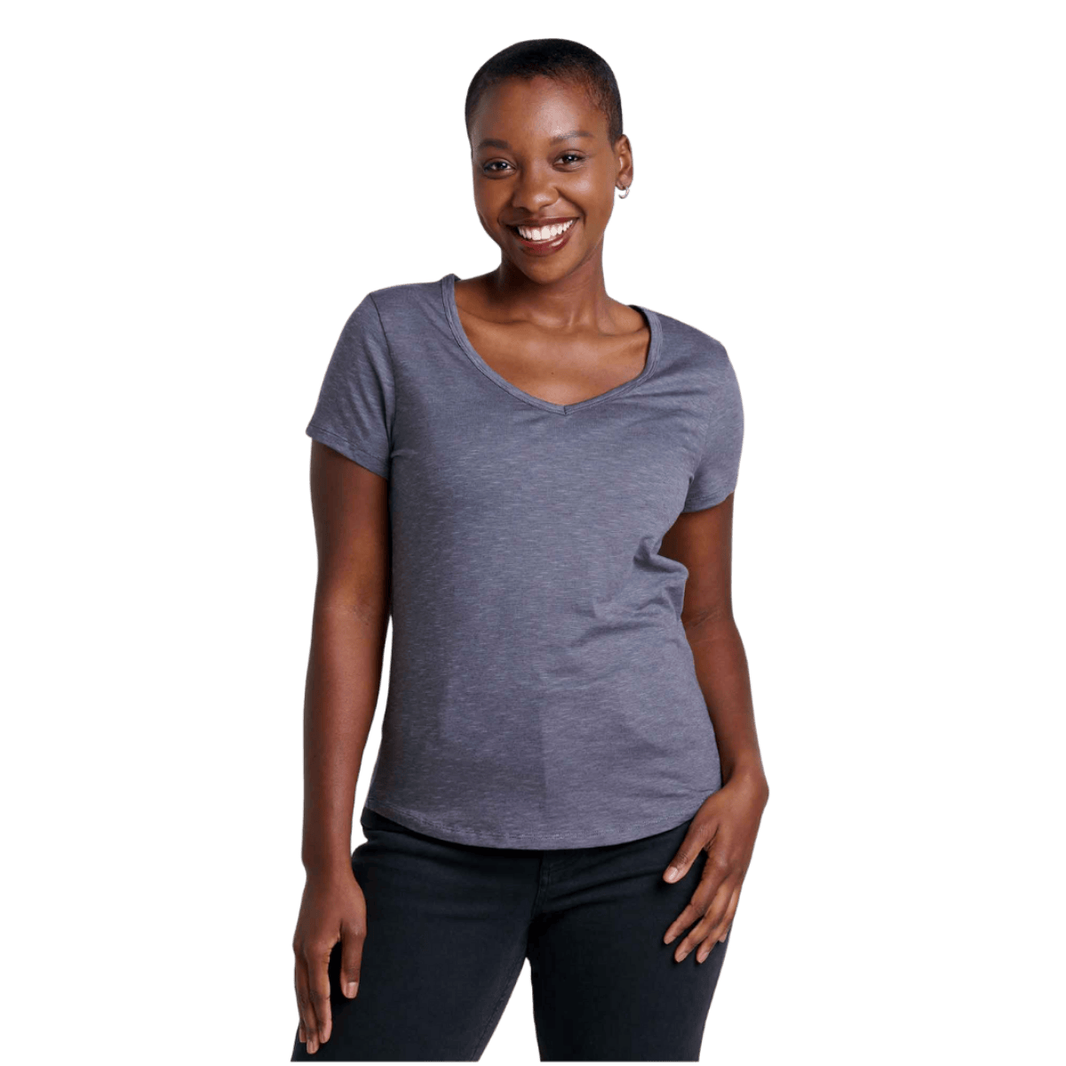 TOAD & CO WOMEN'S MARLEY SHORTSLEEVE V TEE – IRON_FRONT ANGLE WW