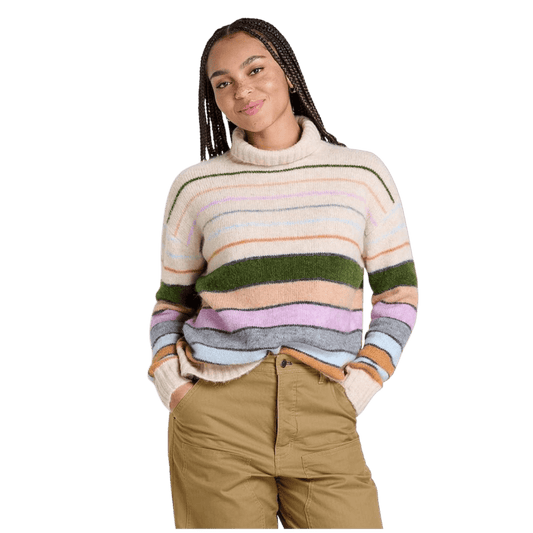 TOAD & CO WOMEN'S TODDY T-NECK SWEATER – OATMEAL STRIPES_FRONT ANGLE WW