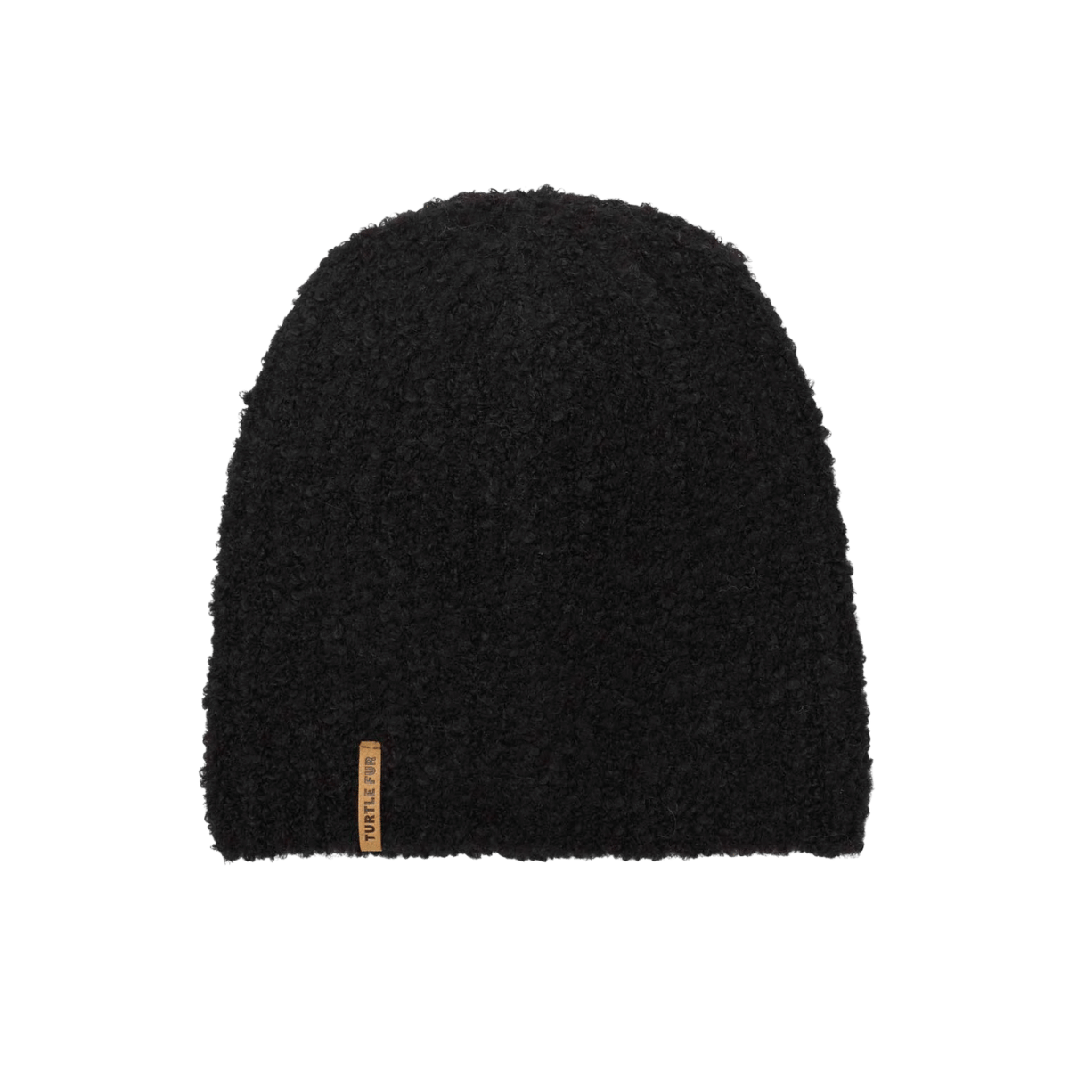TURTLE FUR ABIGAIL BEANIE, BLACK, FRONT ANGLE, LOGO